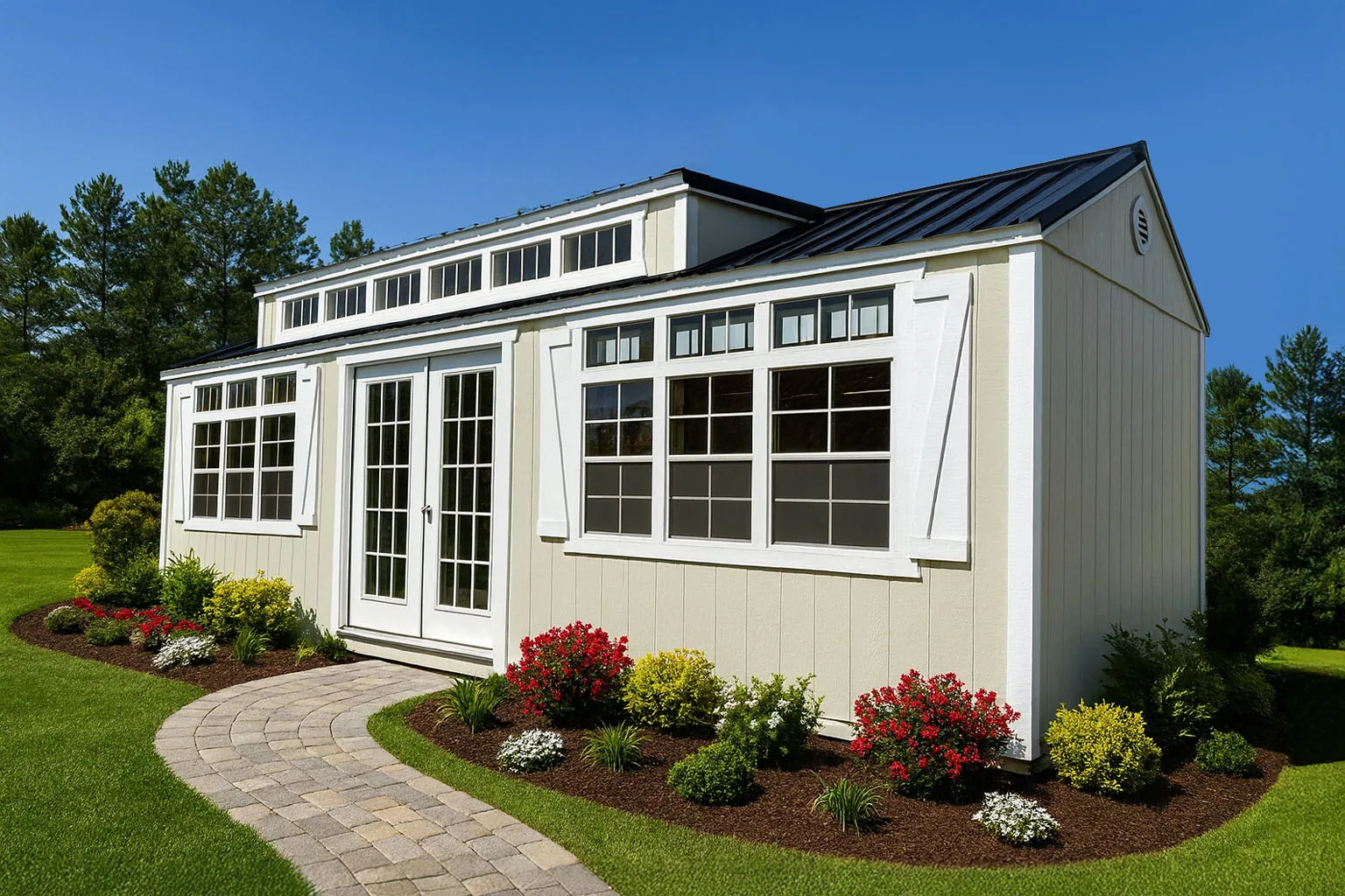 Tiny home with dormer windows and French doors